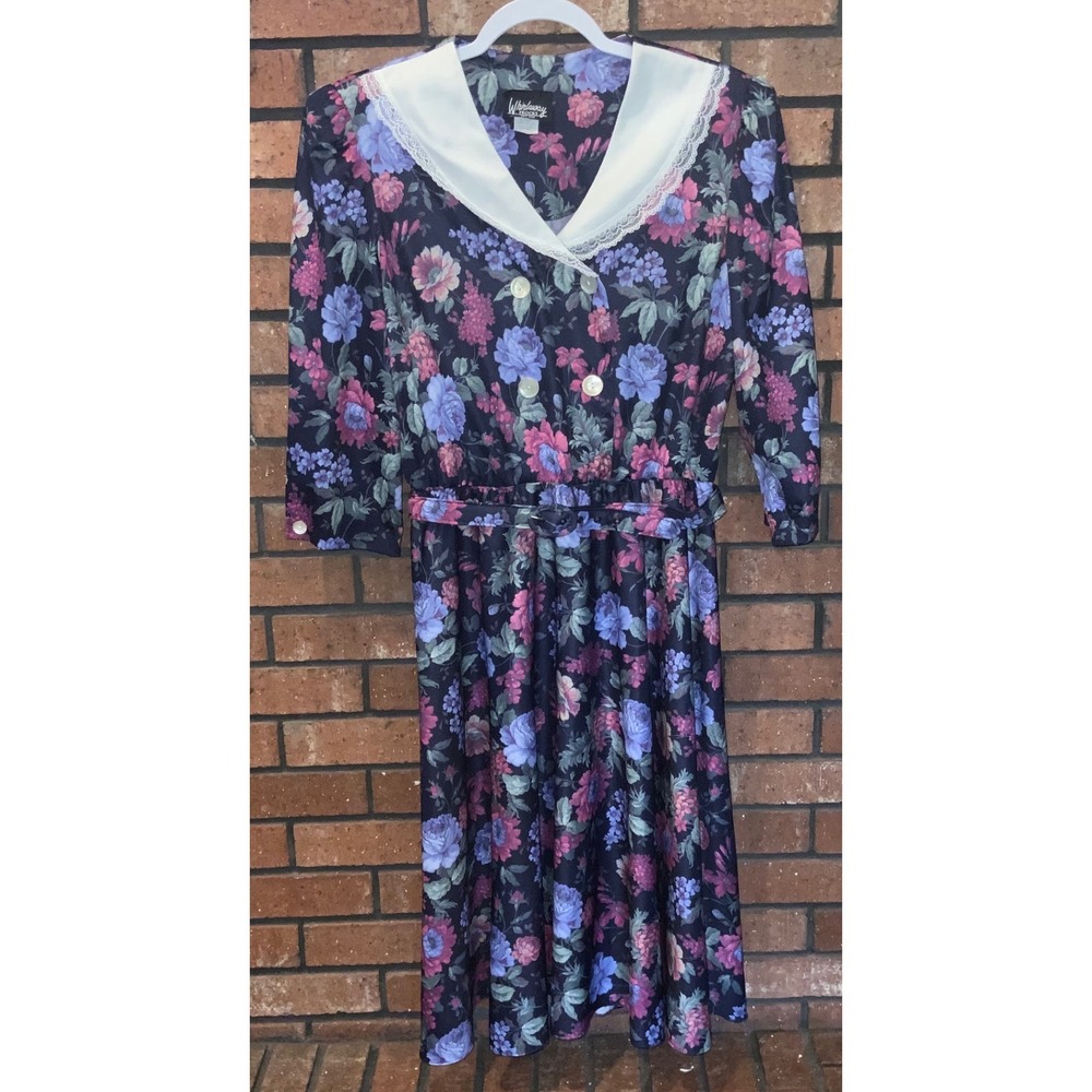 Whirlaway Frocks Vintage 80 Floral Midi Dress Navy Purple Belted Lace Collar 14P